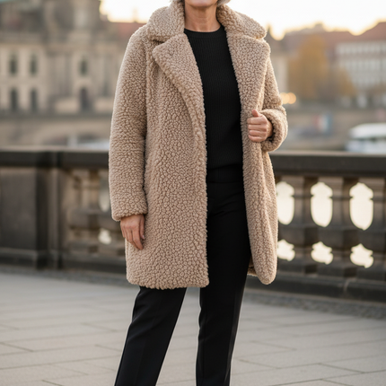 Beige Teddy Mantel Damen mit Kapuze und Taschen - Ansicht 1