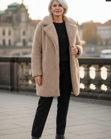 Beige Teddy Mantel Damen mit Kapuze und Taschen - Ansicht 1