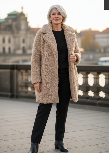 Beige Teddy Mantel Damen mit Kapuze und Taschen - Ansicht 1