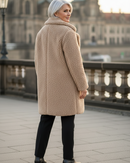 Beige Teddy Mantel Damen mit Kapuze und Taschen - Ansicht 2