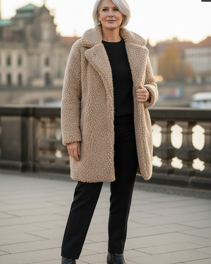 Beige Teddy Mantel Damen mit Kapuze und Taschen - Ansicht 3