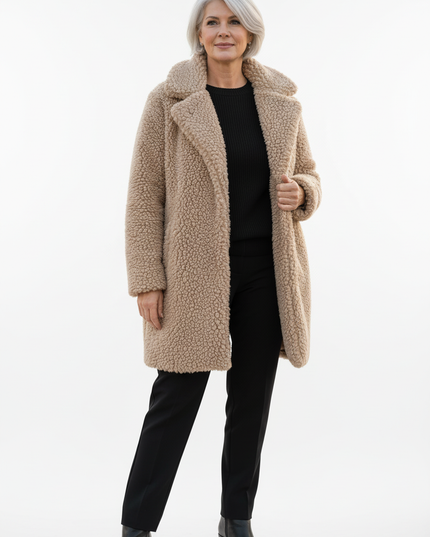 Beige Teddy Mantel Damen mit Kapuze und Taschen - Ansicht 5
