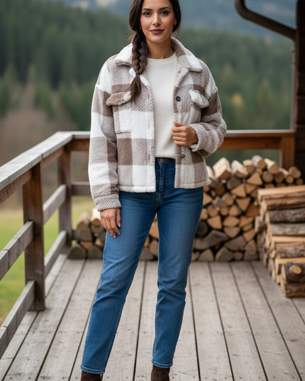 Braun karierte Jacke Damen mit Umlegekragen - Ansicht 1