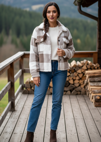 Braun karierte Jacke Damen mit Umlegekragen - Ansicht 1