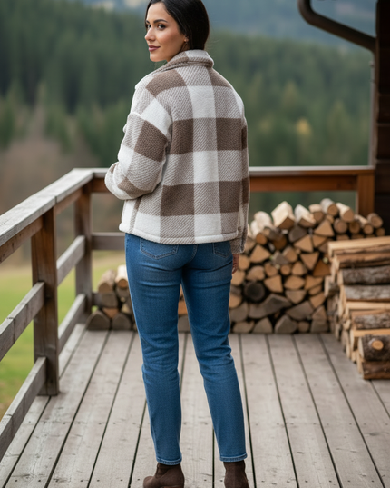 Braun karierte Jacke Damen mit Umlegekragen - Ansicht 2