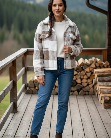 Braun karierte Jacke Damen mit Umlegekragen - Ansicht 3