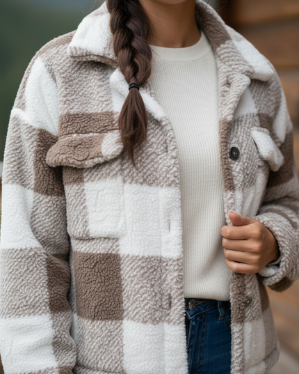 Braun karierte Jacke Damen mit Umlegekragen - Ansicht 4