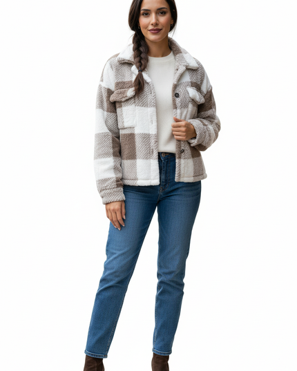 Braun karierte Jacke Damen mit Umlegekragen - Ansicht 5