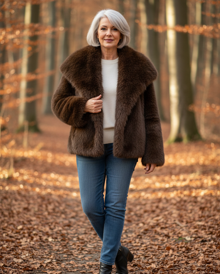 Braune flauschige Jacke mit Fellkragen - Ansicht 1