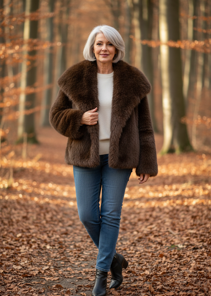 Braune flauschige Jacke mit Fellkragen - Ansicht 1