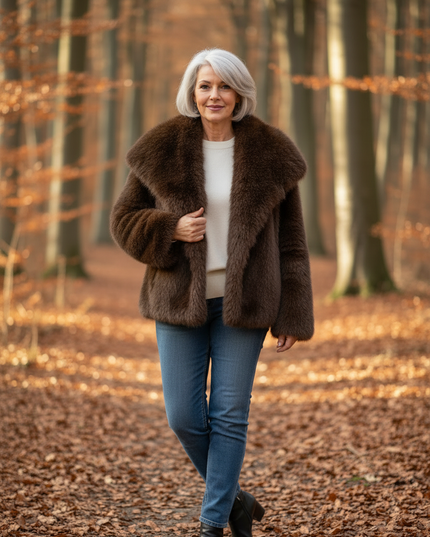 Braune flauschige Jacke mit Fellkragen - Ansicht 3