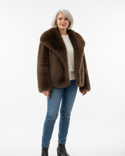 Braune flauschige Jacke mit Fellkragen - Ansicht 5