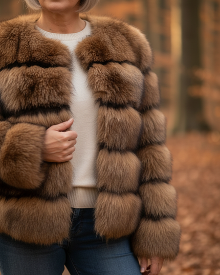 Braune Plüschjacke Damen kurz im Waschbär-Look - Ansicht 4