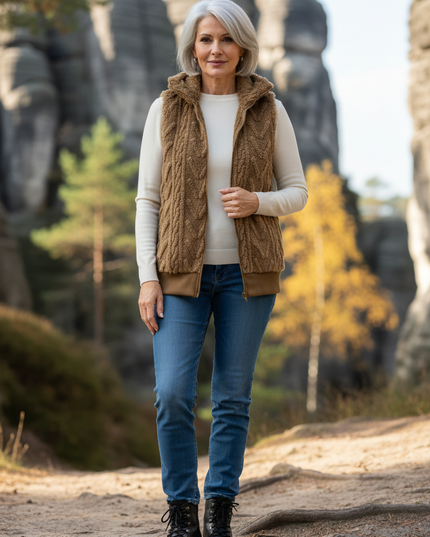 Braune Teddy Weste Damen mit Zopfmuster - Ansicht 1
