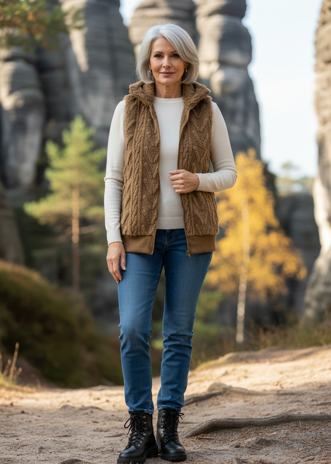 Braune Teddy Weste Damen mit Zopfmuster - Ansicht 1