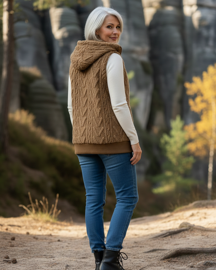 Braune Teddy Weste Damen mit Zopfmuster - Ansicht 2