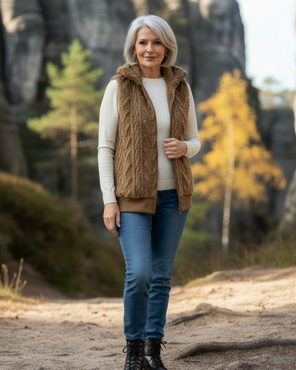 Braune Teddy Weste Damen mit Zopfmuster - Ansicht 3