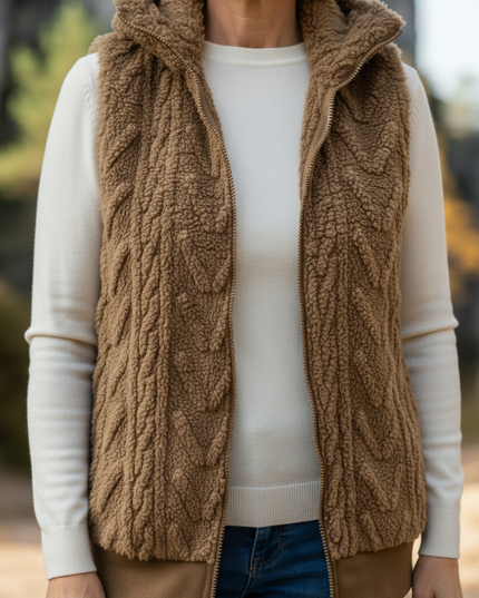 Braune Teddy Weste Damen mit Zopfmuster - Ansicht 4