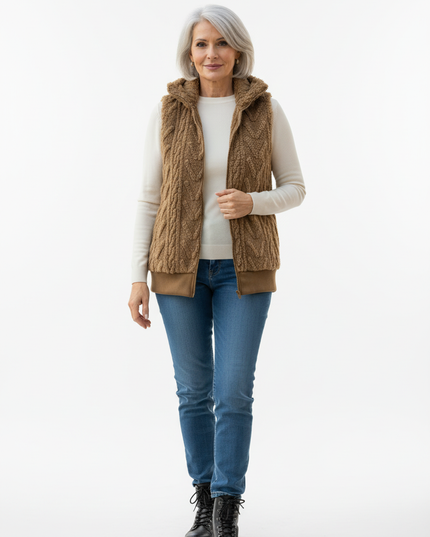 Braune Teddy Weste Damen mit Zopfmuster - Ansicht 5