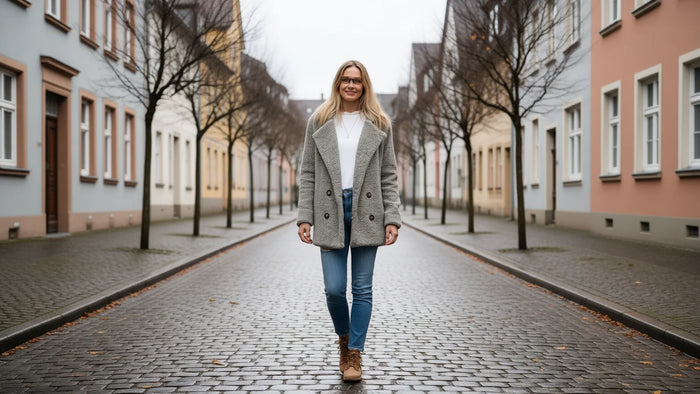 Graue Teddyfell Jacke mit Reverskragen und seitlichen Taschen für Damen