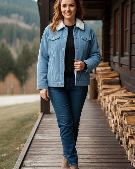 Cordjacke mit Teddyfutter Damen hellblau Sherpa - Ansicht 1