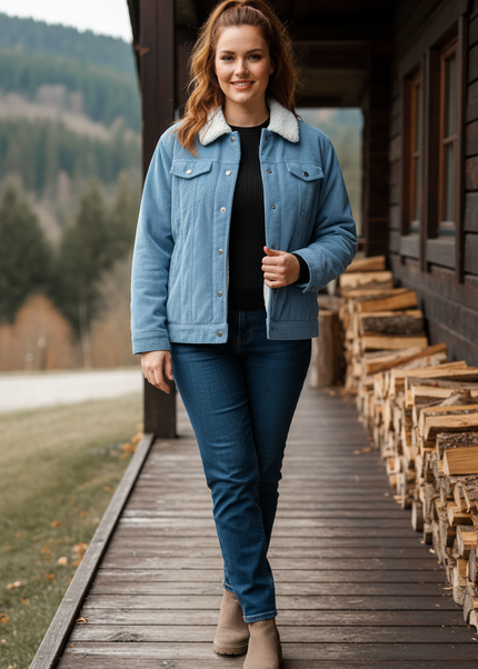 Cordjacke mit Teddyfutter Damen hellblau Sherpa - Ansicht 1