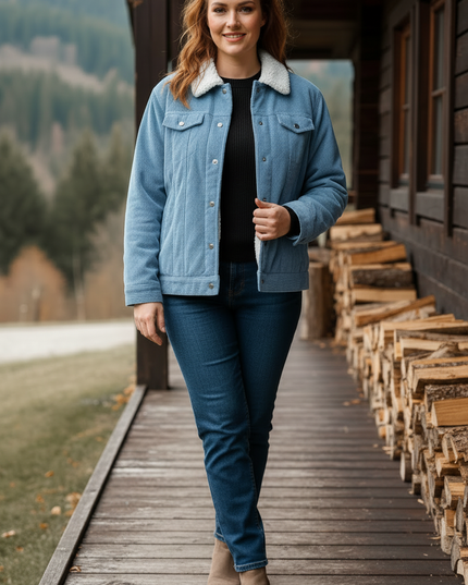 Cordjacke mit Teddyfutter Damen hellblau Sherpa - Ansicht 3