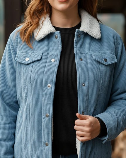 Cordjacke mit Teddyfutter Damen hellblau Sherpa - Ansicht 4