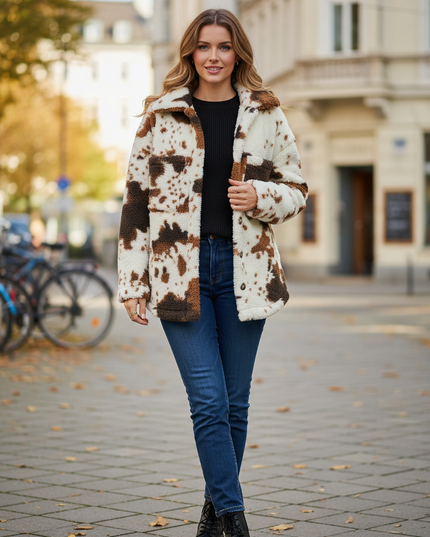 Cream Teddy Jacke mit Kuhfell-Print - kurz & kuschelig - Ansicht 1