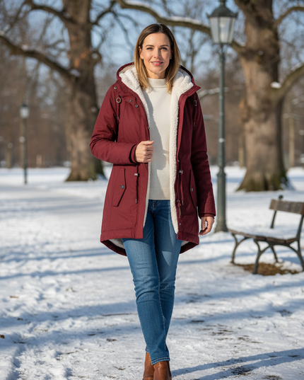 Damen Parka mit Teddyfutter, weinrot mit Kapuze - Ansicht 1