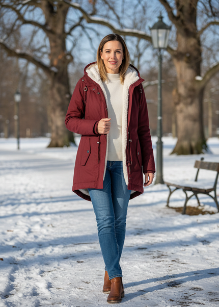Damen Parka mit Teddyfutter, weinrot mit Kapuze - Ansicht 1