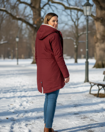 Damen Parka mit Teddyfutter, weinrot mit Kapuze - Ansicht 2