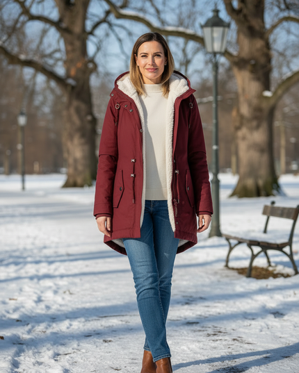 Damen Parka mit Teddyfutter, weinrot mit Kapuze - Ansicht 3