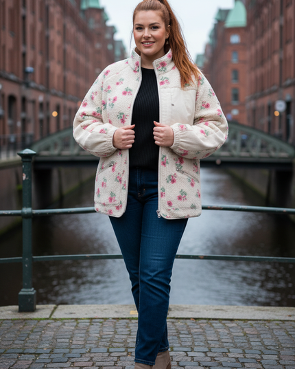 Damen Teddyjacke mit Stehkragen - Cremefarben mit Blumen - Ansicht 1