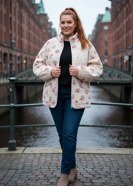 Damen Teddyjacke mit Stehkragen - Cremefarben mit Blumen - Ansicht 1