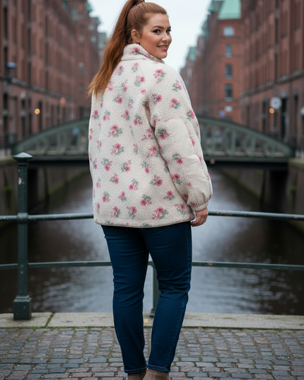Damen Teddyjacke mit Stehkragen - Cremefarben mit Blumen - Ansicht 2