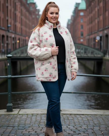 Damen Teddyjacke mit Stehkragen - Cremefarben mit Blumen - Ansicht 3