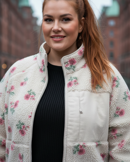 Damen Teddyjacke mit Stehkragen - Cremefarben mit Blumen - Ansicht 4