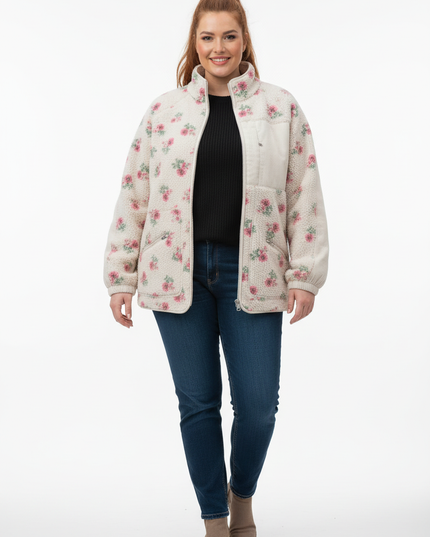Damen Teddyjacke mit Stehkragen - Cremefarben mit Blumen - Ansicht 5