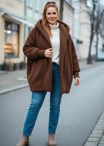 Dunkelbraune Teddyjacke mit Kapuze: weich und warm - Ansicht 1
