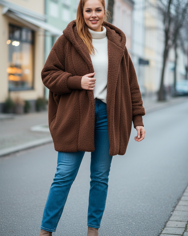 Dunkelbraune Teddyjacke mit Kapuze: weich und warm - Ansicht 1