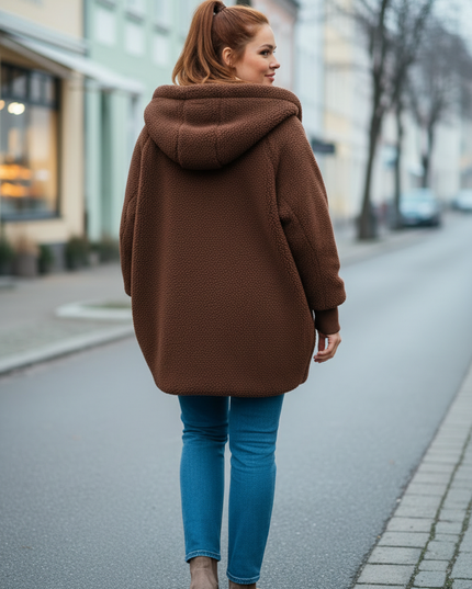 Dunkelbraune Teddyjacke mit Kapuze: weich und warm - Ansicht 2