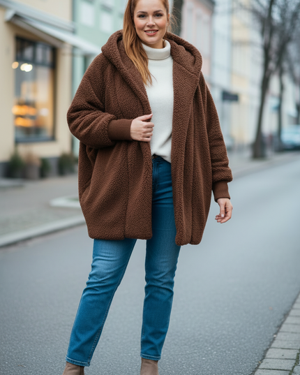 Dunkelbraune Teddyjacke mit Kapuze: weich und warm - Ansicht 3