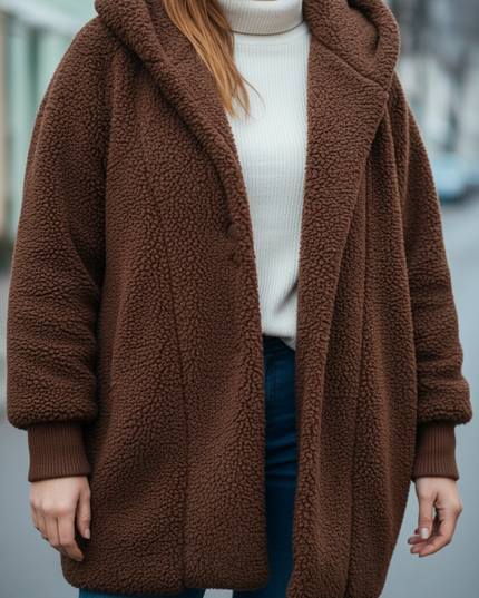 Dunkelbraune Teddyjacke mit Kapuze: weich und warm - Ansicht 4