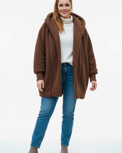 Dunkelbraune Teddyjacke mit Kapuze: weich und warm - Ansicht 5