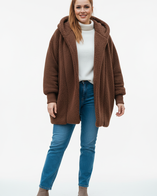 Dunkelbraune Teddyjacke mit Kapuze: weich und warm - Ansicht 5