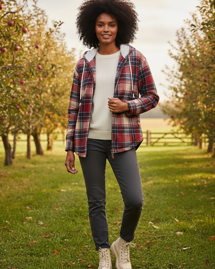 Flanell Jacke mit Kapuze Damen rot kariert gefüttert - Ansicht 1