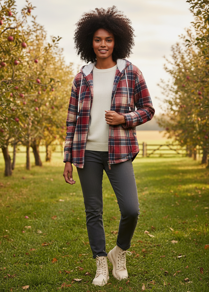 Flanell Jacke mit Kapuze Damen rot kariert gefüttert - Ansicht 1