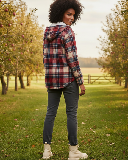 Flanell Jacke mit Kapuze Damen rot kariert gefüttert - Ansicht 2