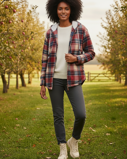 Flanell Jacke mit Kapuze Damen rot kariert gefüttert - Ansicht 3